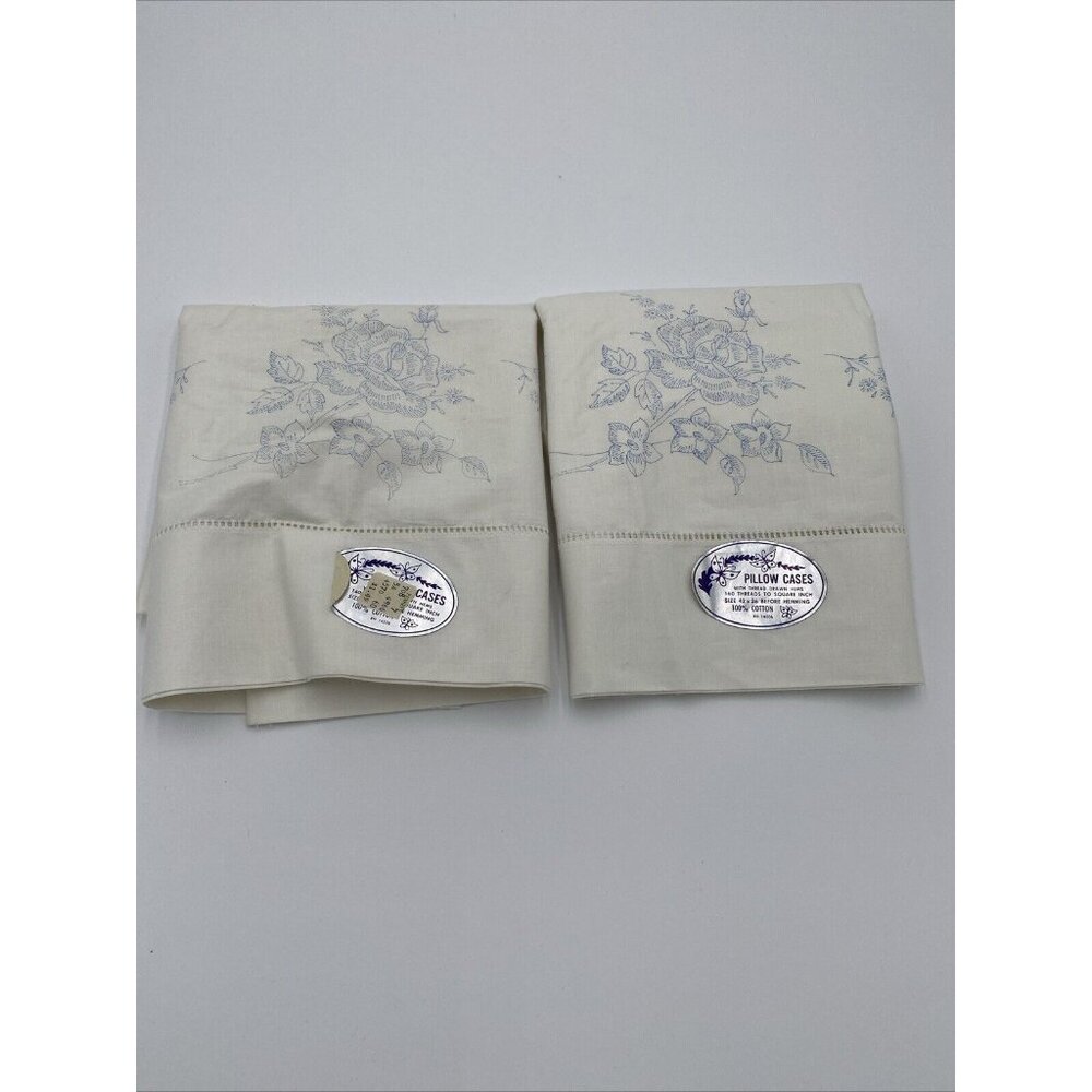 Vintage Pillow Case White New NOS Cotton 33 x 20 Blue Floral Set 2 Standard